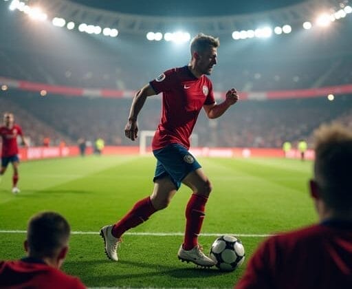 A soccer player in red and blue uniform sprints with the ball across a floodlit stadium field during a match, embodying the rapid rise of soccer, while spectators cheer passionately in the background.