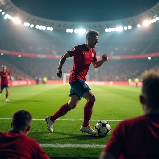 A soccer player in red and blue uniform sprints with the ball across a floodlit stadium field during a match, embodying the rapid rise of soccer, while spectators cheer passionately in the background.