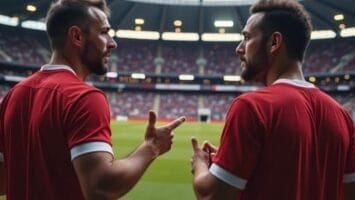 Two soccer players in red jerseys stand on the sideline of a stadium, facing each other, gesturing as they talk, while a group of superfans eagerly watches nearby.