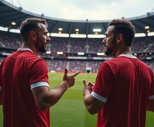 Two soccer players in red jerseys stand on the sideline of a stadium, facing each other, gesturing as they talk, while a group of superfans eagerly watches nearby.