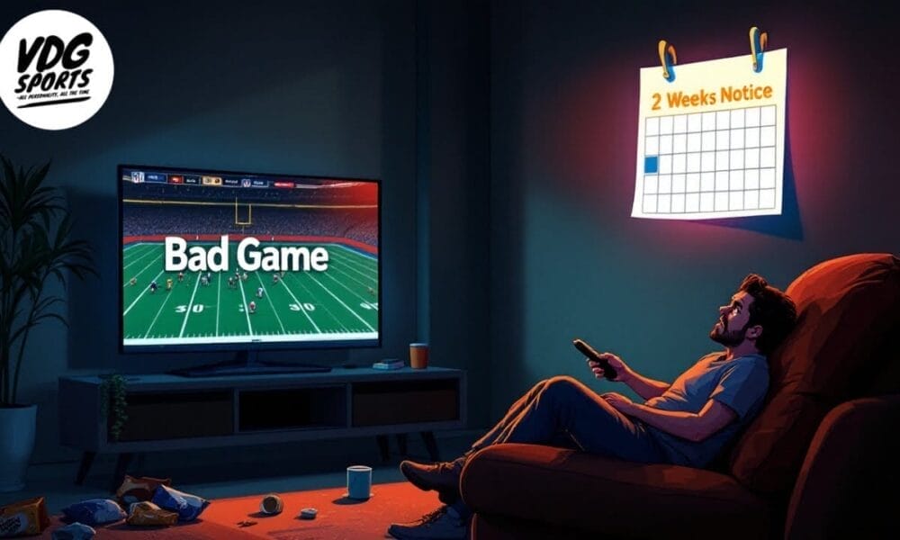 A person with a flexible schedule sits on the couch, watching an NFL game labeled "Bad Game" on TV. The calendar in the background marks "2 Weeks Notice.