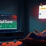 A person with a flexible schedule sits on the couch, watching an NFL game labeled "Bad Game" on TV. The calendar in the background marks "2 Weeks Notice.