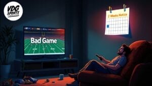 A person with a flexible schedule sits on the couch, watching an NFL game labeled "Bad Game" on TV. The calendar in the background marks "2 Weeks Notice.