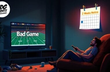 A person with a flexible schedule sits on the couch, watching an NFL game labeled "Bad Game" on TV. The calendar in the background marks "2 Weeks Notice.