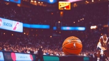 A nod to 90s basketball, the leather sphere sits proudly on a pedestal at center court, embraced by the vibrant echoes of NBA culture, with blurred players and an electrified audience weaving its influential tapestry in the background.