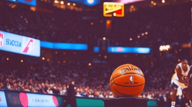 A nod to 90s basketball, the leather sphere sits proudly on a pedestal at center court, embraced by the vibrant echoes of NBA culture, with blurred players and an electrified audience weaving its influential tapestry in the background.