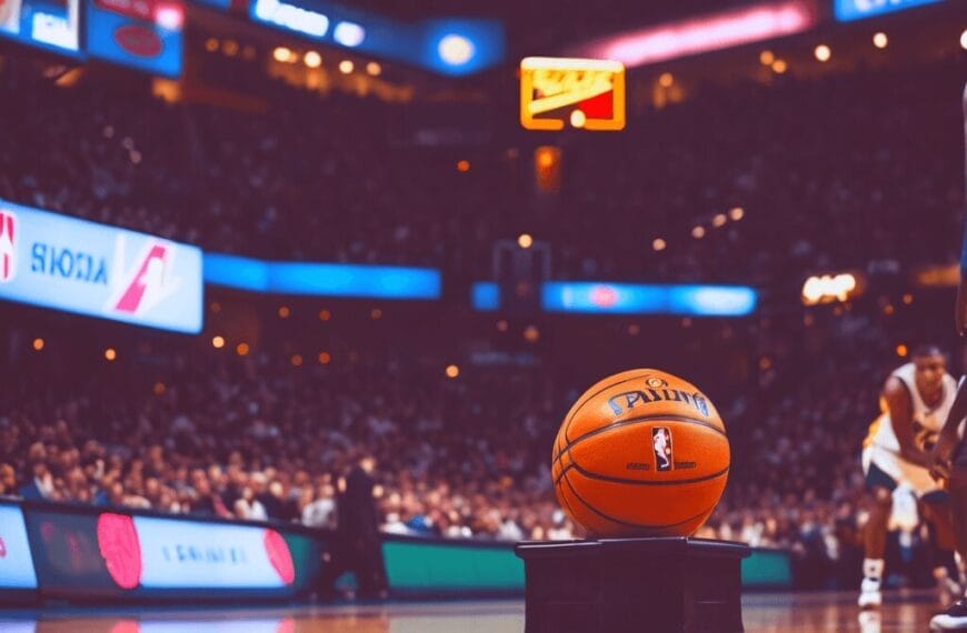 A nod to 90s basketball, the leather sphere sits proudly on a pedestal at center court, embraced by the vibrant echoes of NBA culture, with blurred players and an electrified audience weaving its influential tapestry in the background.