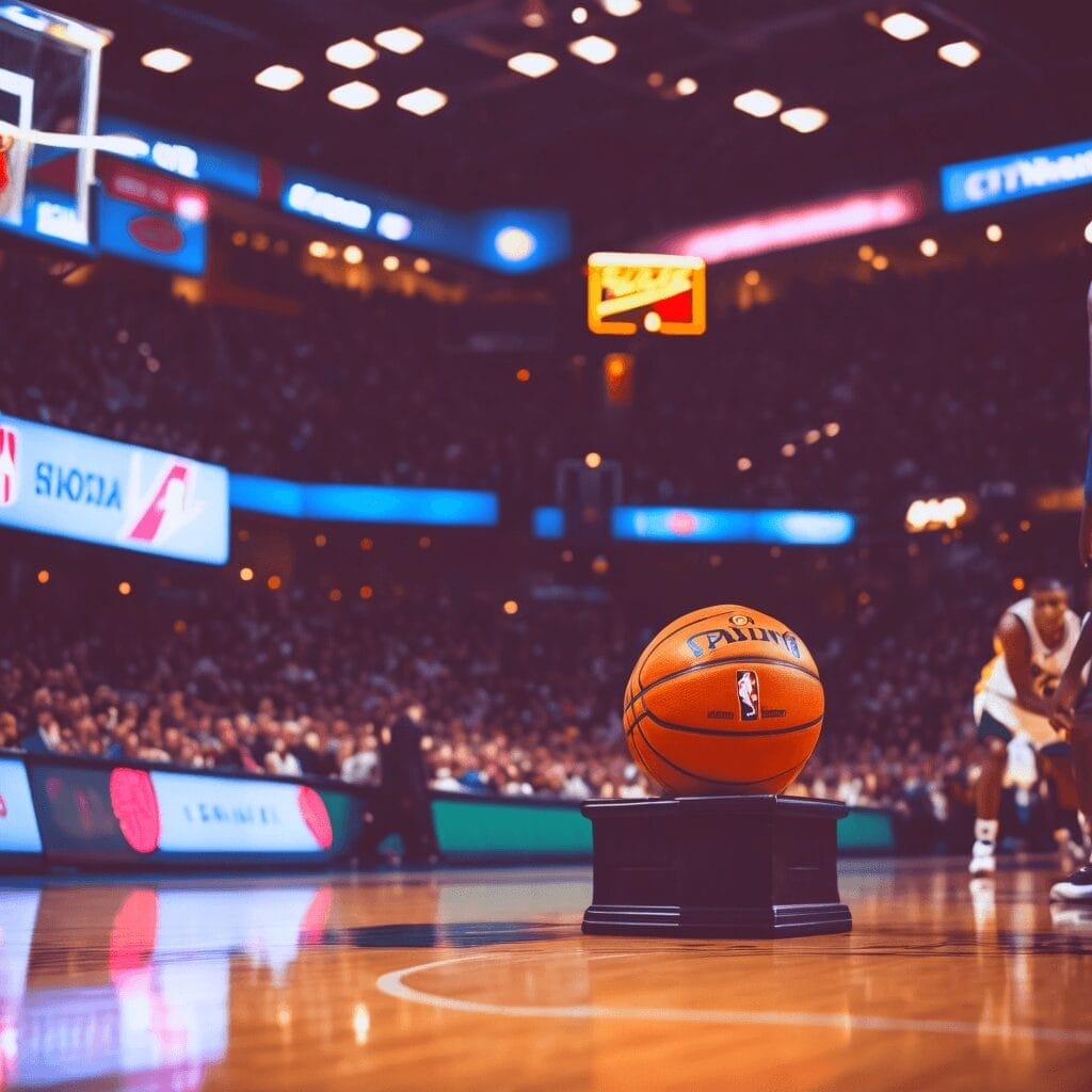 A nod to 90s basketball, the leather sphere sits proudly on a pedestal at center court, embraced by the vibrant echoes of NBA culture, with blurred players and an electrified audience weaving its influential tapestry in the background.