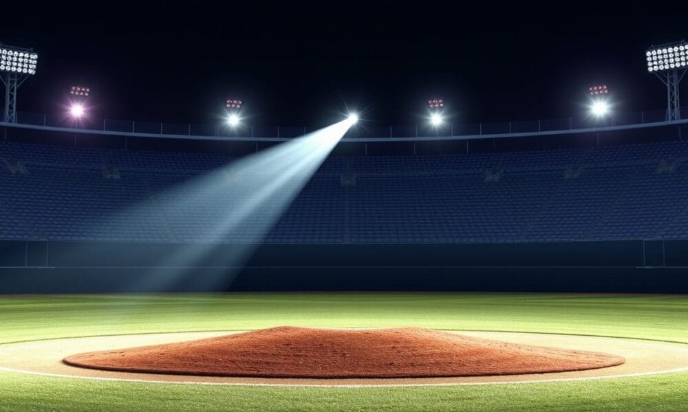 A spotlight shines on an empty baseball pitcher's mound in a stadium at night, echoing the presence of disputed legends in baseball that have left their mark.