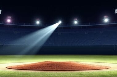 A spotlight shines on an empty baseball pitcher's mound in a stadium at night, echoing the presence of disputed legends in baseball that have left their mark.