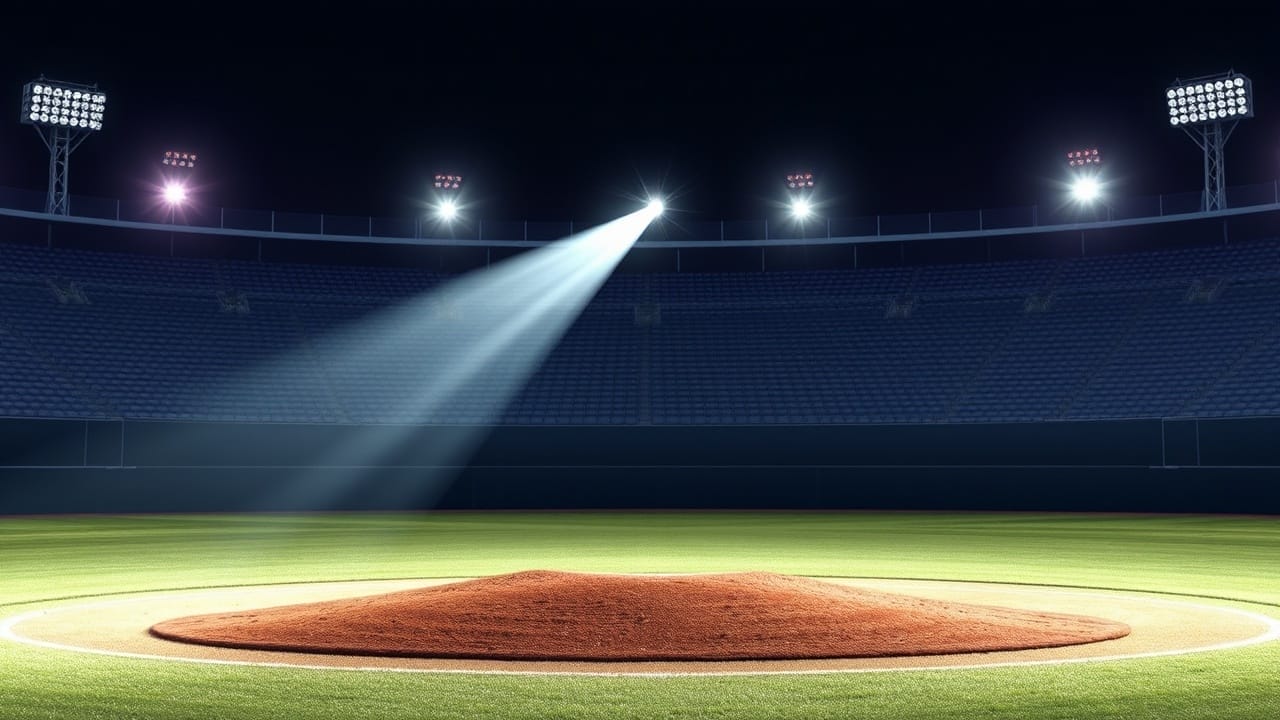 A spotlight shines on an empty baseball pitcher's mound in a stadium at night, echoing the presence of disputed legends in baseball that have left their mark.