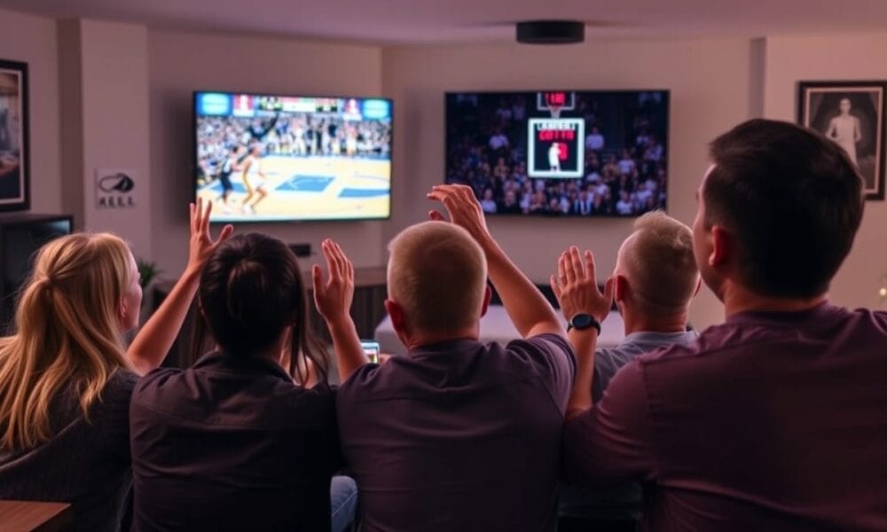 People watching an NBA game on TV, cheering with raised hands in a cozy living room, savoring the excitement of the sport purely for its thrills without analytics.