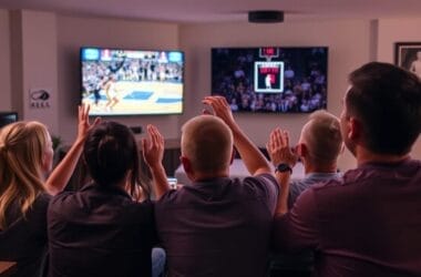 People watching an NBA game on TV, cheering with raised hands in a cozy living room, savoring the excitement of the sport purely for its thrills without analytics.