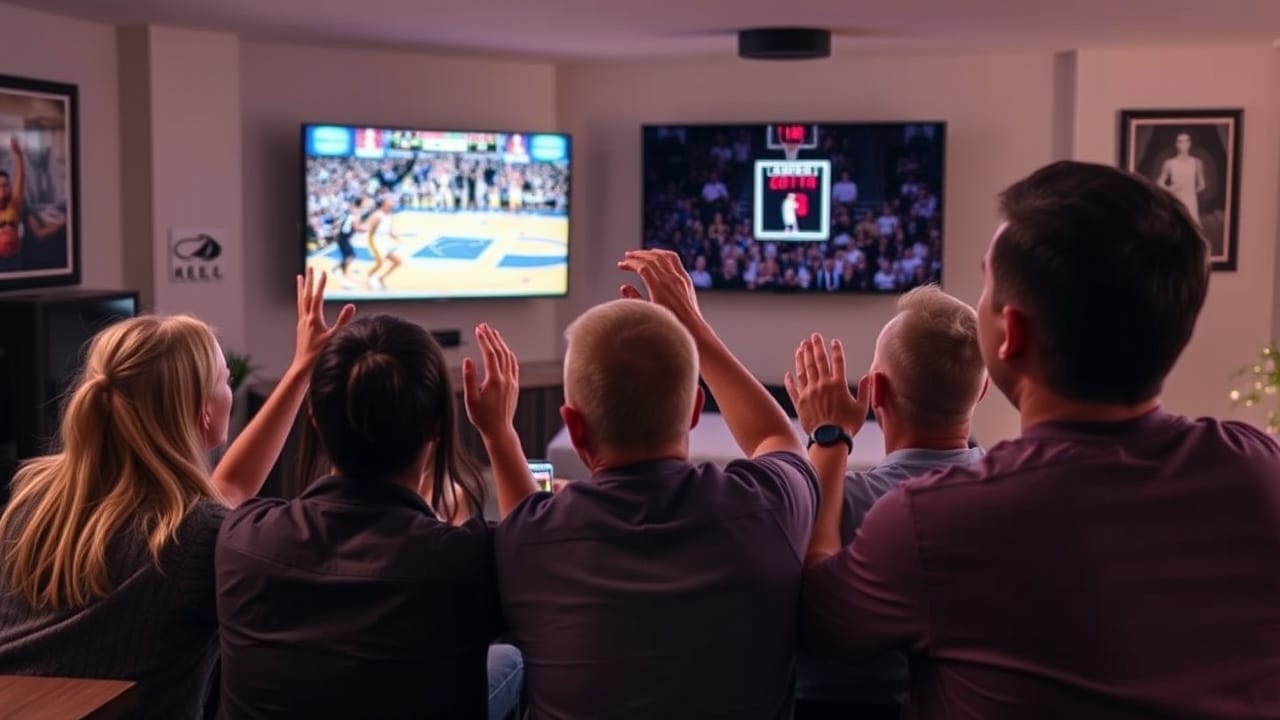 A group of people watching an NBA game on TV, raising their hands in excitement in a living room setting, truly appreciating the game.