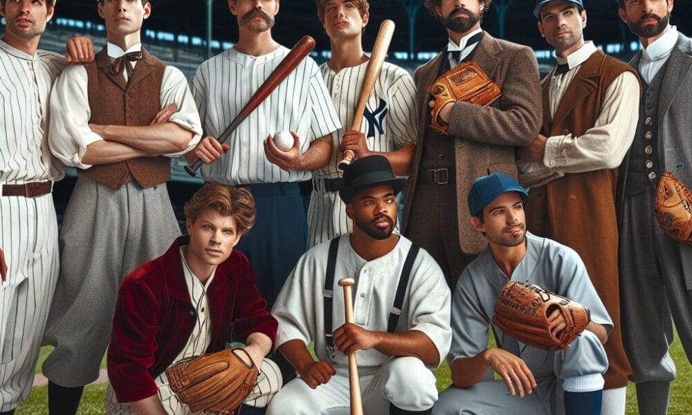 A group of vintage baseball players in period uniforms pose on a field, with a historical stadium in the background, capturing the essence of various eras of baseball.