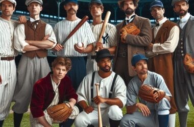 A group of vintage baseball players in period uniforms pose on a field, with a historical stadium in the background, capturing the essence of various eras of baseball.