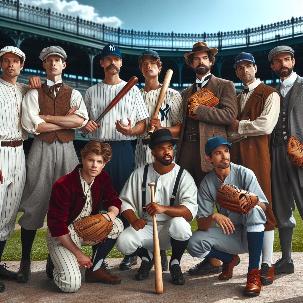 A group of vintage baseball players in period uniforms pose on a field, with a historical stadium in the background, capturing the essence of various eras of baseball.