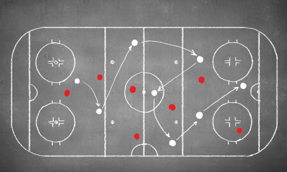 Chalkboard drawing of a hockey rink, showcasing the evolution of hockey strategies with red and white dots and arrows illustrating dynamic player movements.