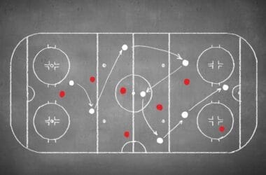 Chalkboard drawing of a hockey rink, showcasing the evolution of hockey strategies with red and white dots and arrows illustrating dynamic player movements.