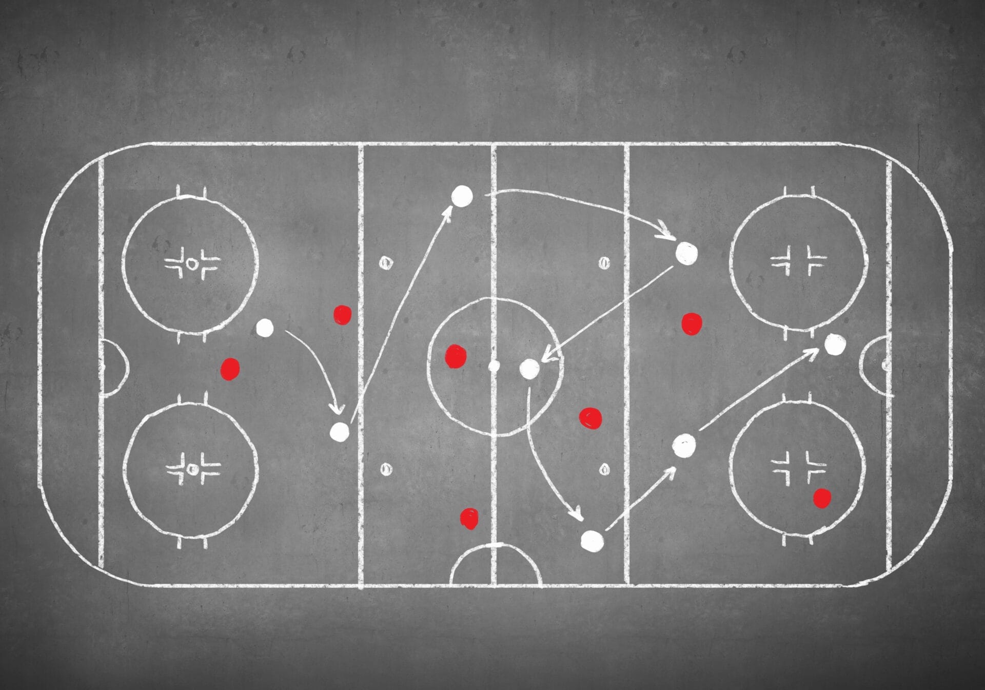 Chalkboard drawing of a hockey rink, showcasing the evolution of hockey strategies with red and white dots and arrows illustrating dynamic player movements.