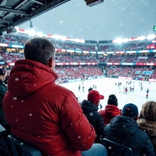 People watching a snow-covered outdoor ice hockey game in a stadium, bundled up in winter coats and hats, might find themselves chatting about the excitement of CFL scoring as they enjoy the chilly spectacle.