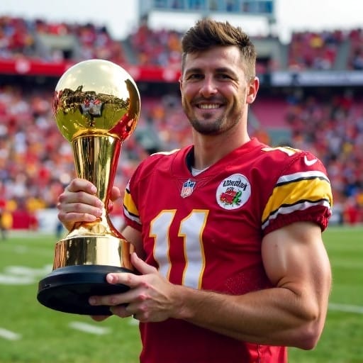 A smiling athlete in a red jersey, clutching a gold trophy, stands proudly on the football field, epitomizing the spirit of the Best NFL Players of All Time.