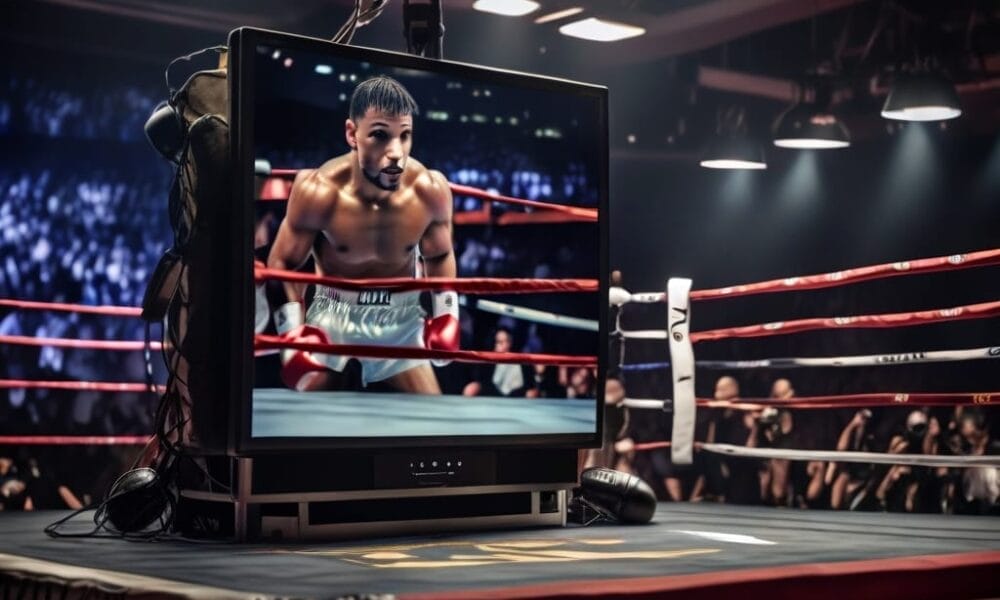 A boxer on TV stands poised in the ring, delivering a thrilling spectacle of sports entertainment under the bright lights, with an empty ring in the foreground.