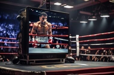 A boxer on TV stands poised in the ring, delivering a thrilling spectacle of sports entertainment under the bright lights, with an empty ring in the foreground.