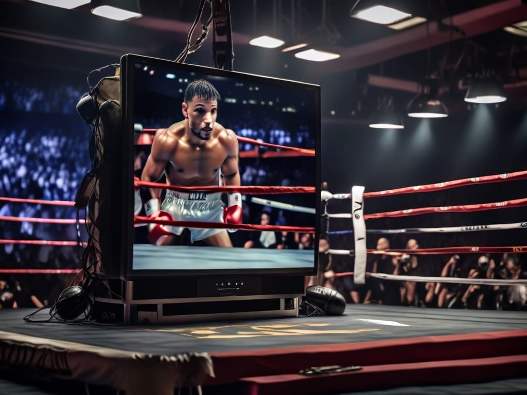 A boxer on TV stands poised in the ring, delivering a thrilling spectacle of sports entertainment under the bright lights, with an empty ring in the foreground.