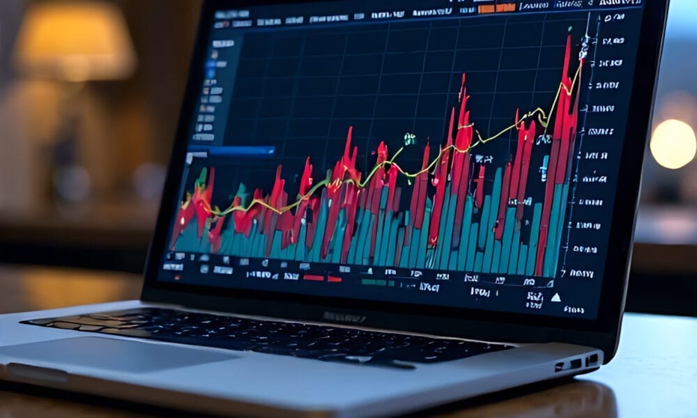 A laptop showcasing vibrant financial charts with red and green bars, exemplifying stunning data visualization, is set on a wooden desk in a warmly lit room.