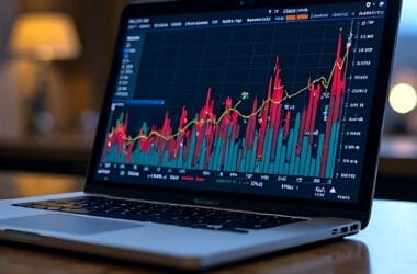 A laptop showcasing vibrant financial charts with red and green bars, exemplifying stunning data visualization, is set on a wooden desk in a warmly lit room.