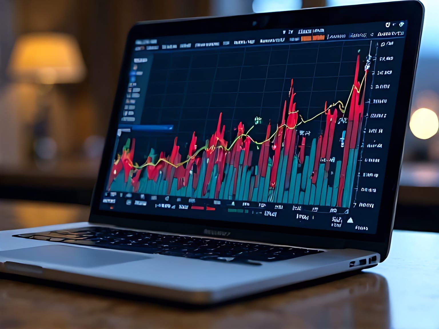 A laptop showcasing vibrant financial charts with red and green bars, exemplifying stunning data visualization, is set on a wooden desk in a warmly lit room.