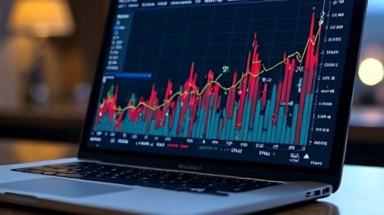 A laptop showcasing vibrant financial charts with red and green bars, exemplifying stunning data visualization, is set on a wooden desk in a warmly lit room.