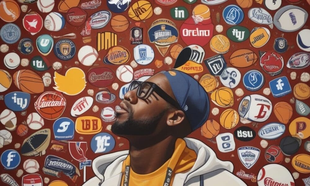 A man in sports attire gazes upwards against a colorful wall, adorned with various sports logos and emblems, capturing the dynamic influence of social media on the sports industry.