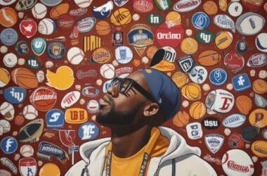 A man in sports attire gazes upwards against a colorful wall, adorned with various sports logos and emblems, capturing the dynamic influence of social media on the sports industry.