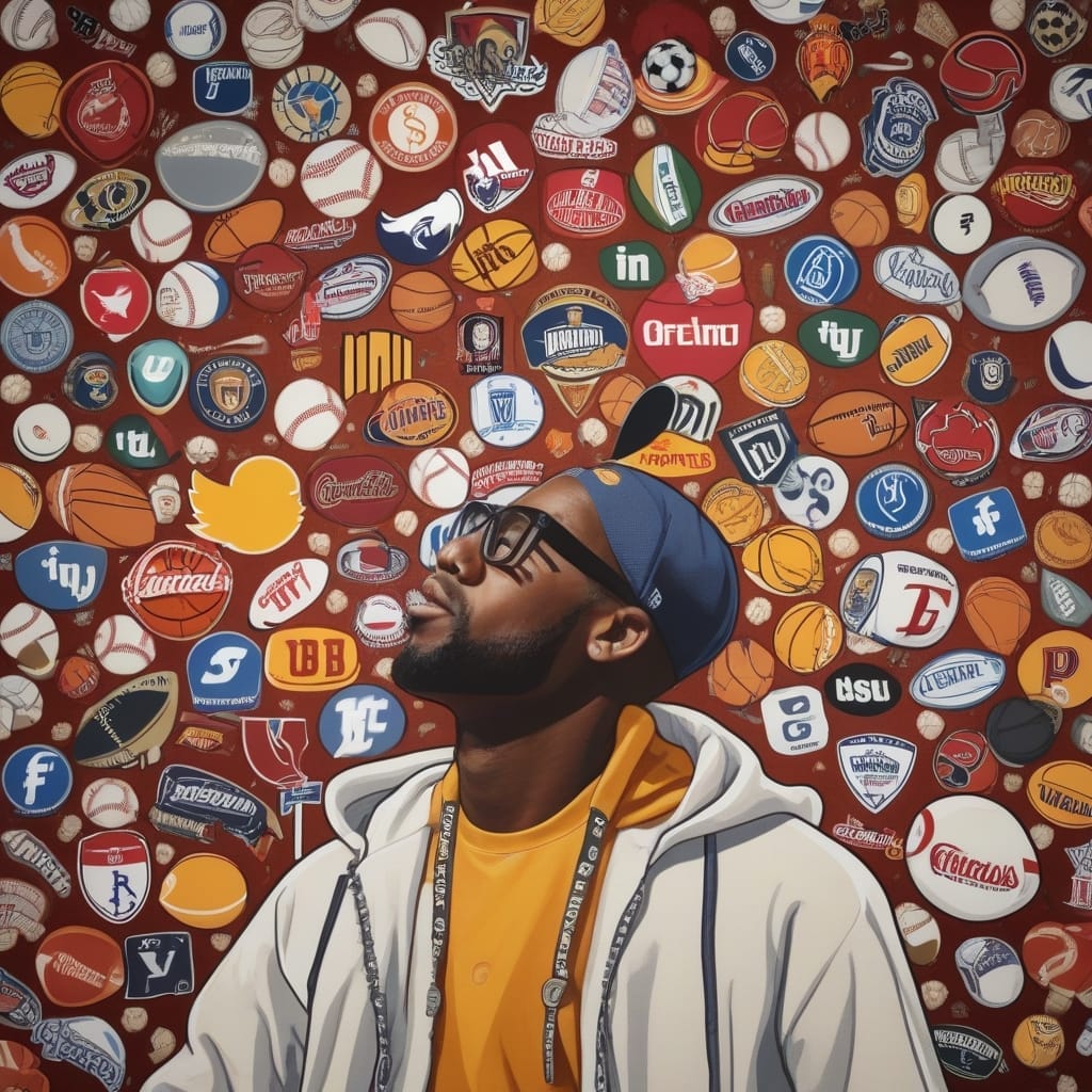 A man in sports attire gazes upwards against a colorful wall, adorned with various sports logos and emblems, capturing the dynamic influence of social media on the sports industry.