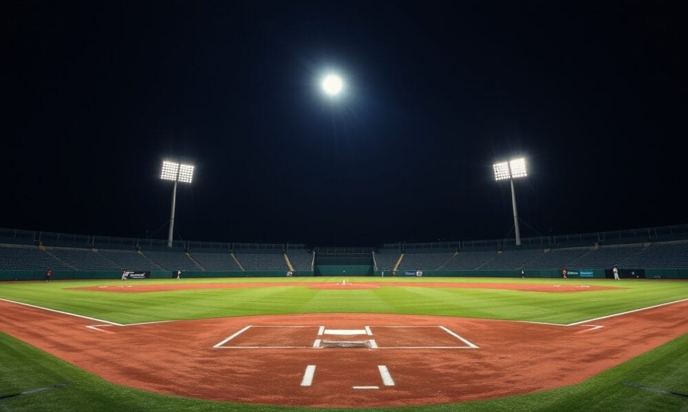 A well-lit baseball field at night with bright floodlights illuminating the empty stadium and green grass, setting the stage where MLB controversies and other hot button issues often unfold.