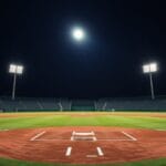 A well-lit baseball field at night with bright floodlights illuminating the empty stadium and green grass, setting the stage where MLB controversies and other hot button issues often unfold.