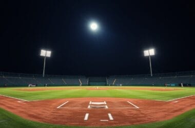 A well-lit baseball field at night with bright floodlights illuminating the empty stadium and green grass, setting the stage where MLB controversies and other hot button issues often unfold.