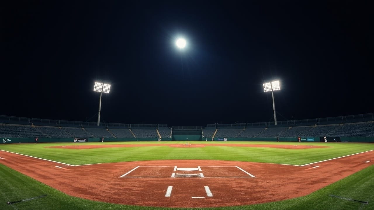 A well-lit baseball field at night with bright floodlights illuminating the empty stadium and green grass, setting the stage where MLB controversies and other hot button issues often unfold.