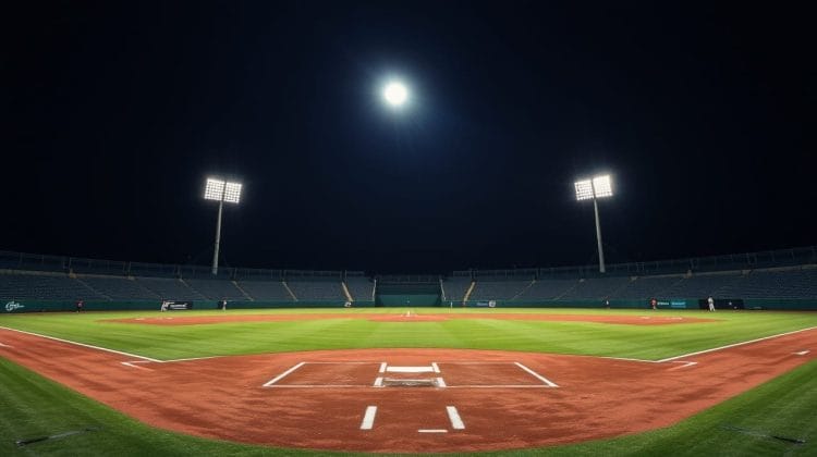 A well-lit baseball field at night with bright floodlights illuminating the empty stadium and green grass, setting the stage where MLB controversies and other hot button issues often unfold.