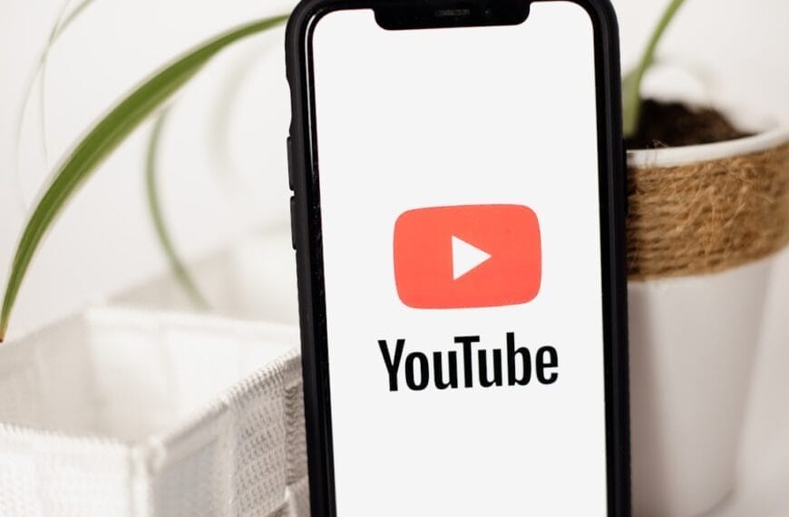 A smartphone, symbolizing digital influence, displays the YouTube logo on its screen. It stands upright, leaning against a white textured surface. A plant in a white pot casually peeks into the background.