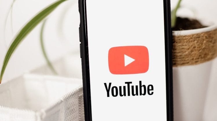 A smartphone, symbolizing digital influence, displays the YouTube logo on its screen. It stands upright, leaning against a white textured surface. A plant in a white pot casually peeks into the background.