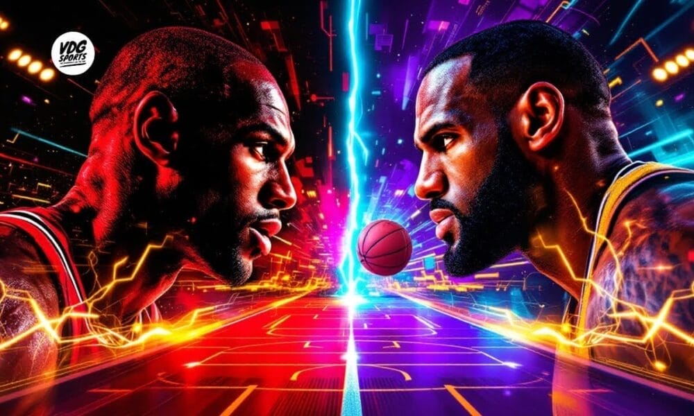 Two basketball players face off with a stylized court and lightning effects in the background, capturing the intensity of the Great NBA Debate.