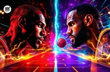 Two basketball players face off with a stylized court and lightning effects in the background, capturing the intensity of the Great NBA Debate.