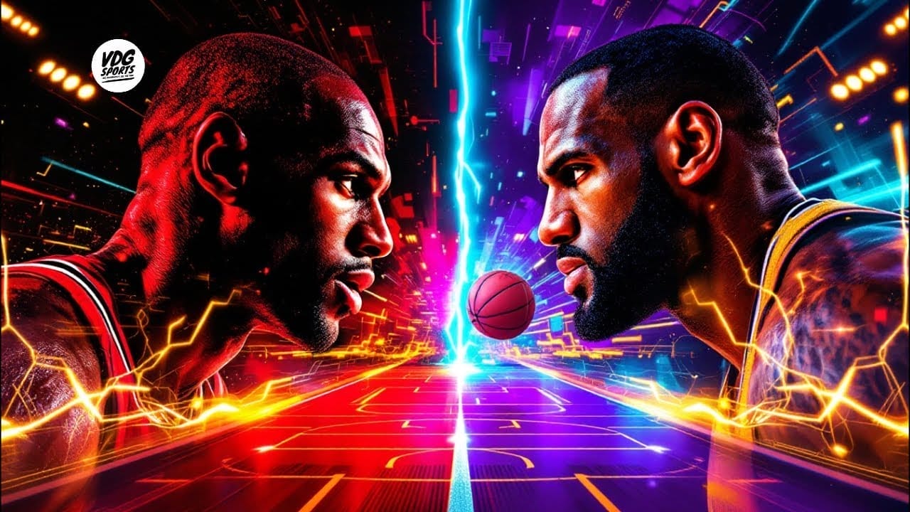 Two basketball players face off with a stylized court and lightning effects in the background, capturing the intensity of the Great NBA Debate.