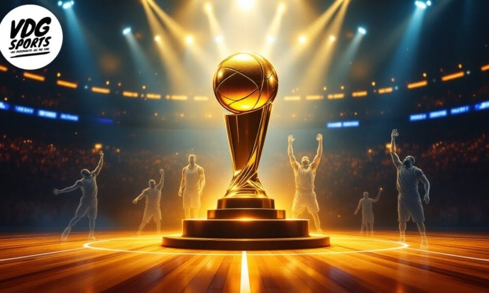 A glowing NBA MVP award stands proudly on a wooden court, with cheering silhouettes and bright spotlights illuminating the scene in the background.