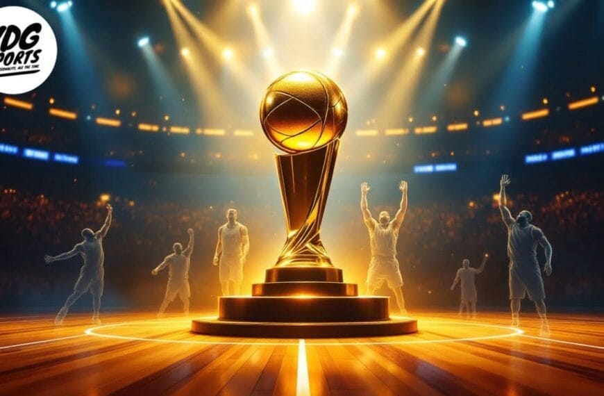 A glowing NBA MVP award stands proudly on a wooden court, with cheering silhouettes and bright spotlights illuminating the scene in the background.