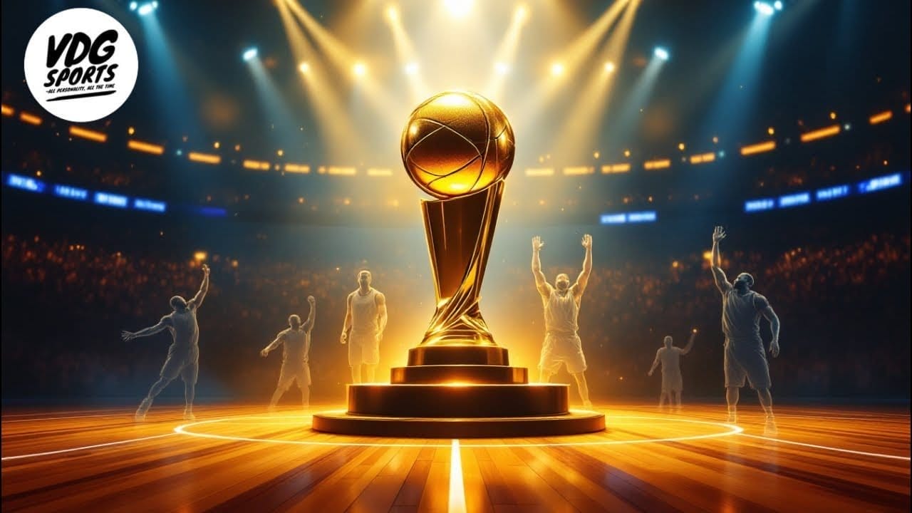 A glowing NBA MVP award stands proudly on a wooden court, with cheering silhouettes and bright spotlights illuminating the scene in the background.
