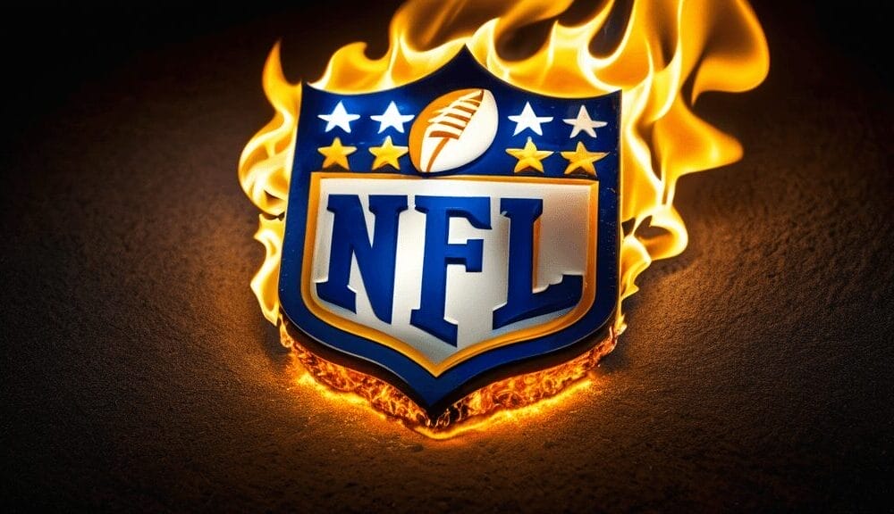 The NFL logo, ablaze against a shadowy backdrop, evokes the fiery passion and legacy of the greatest NFL players.